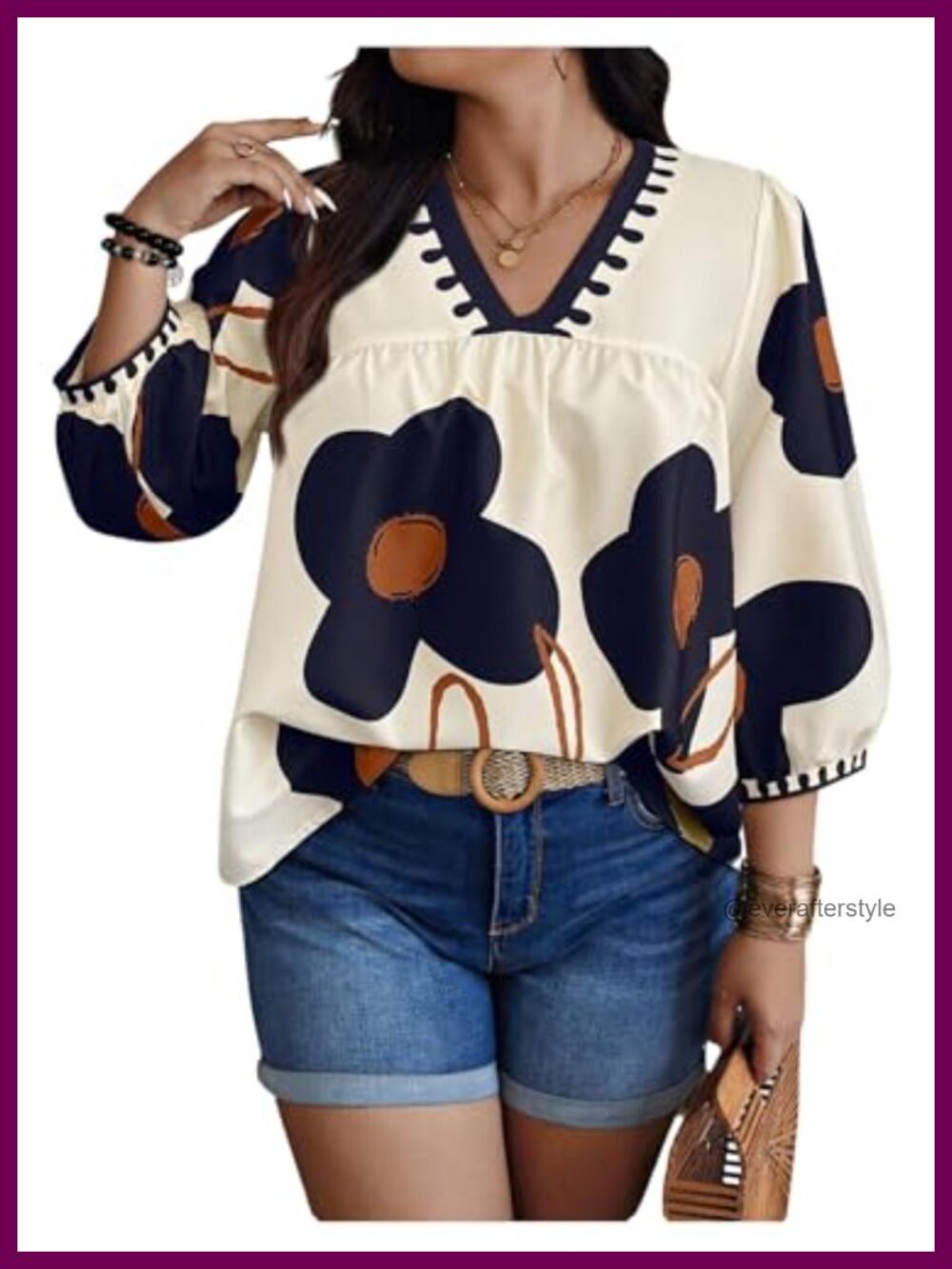 Plus Size Floral Print Blouse Boho Lantern 3/4 Sleeve V-Neck Top